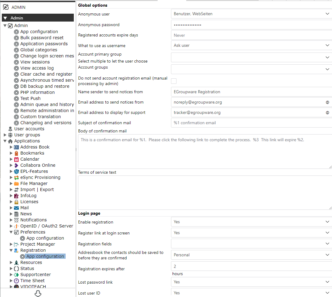 Admin - Applications - Registration - App configuration